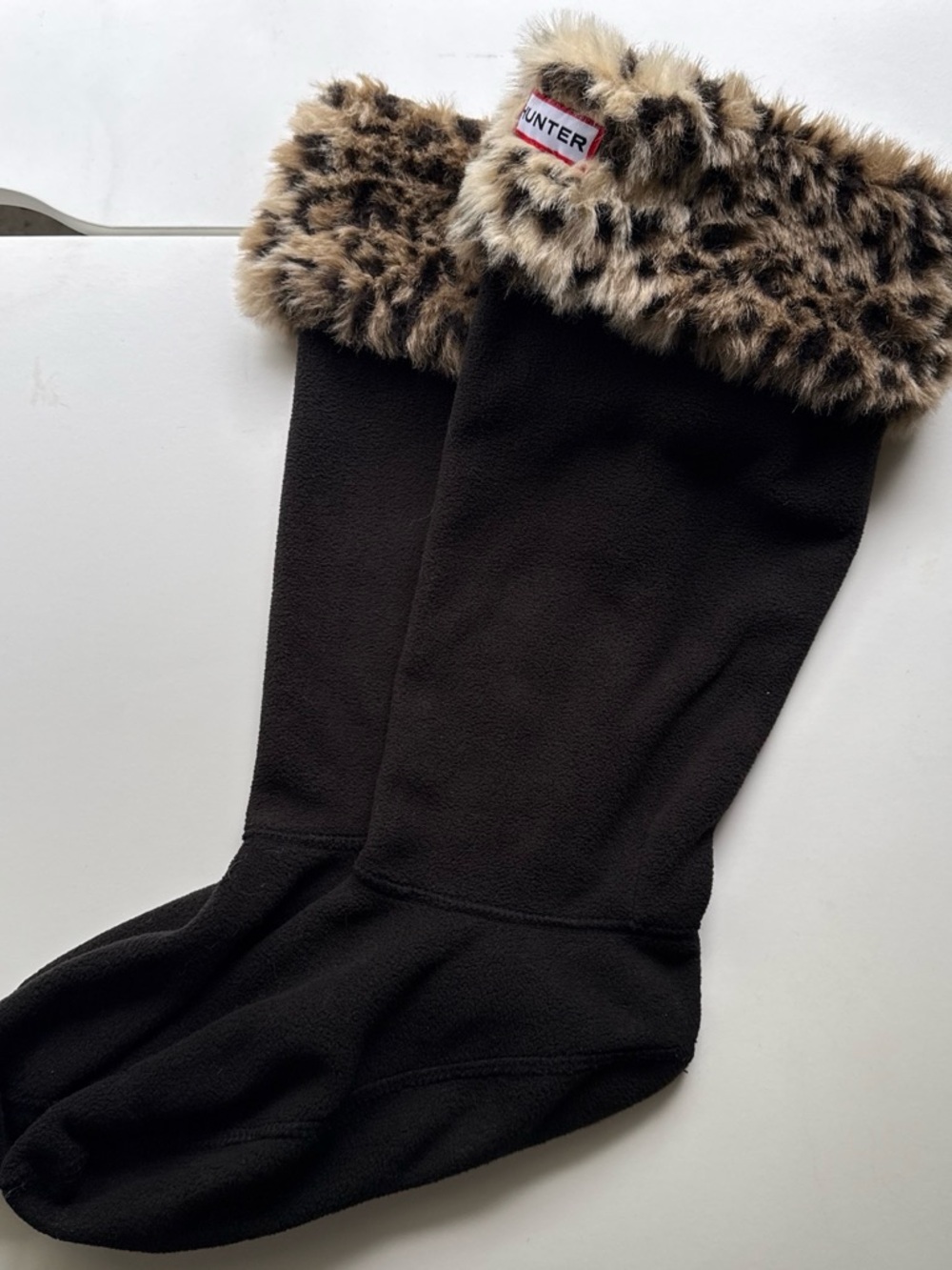 Hunter Black Tall Fleece Boot Socks with Leopard Faux-Fur Cuff